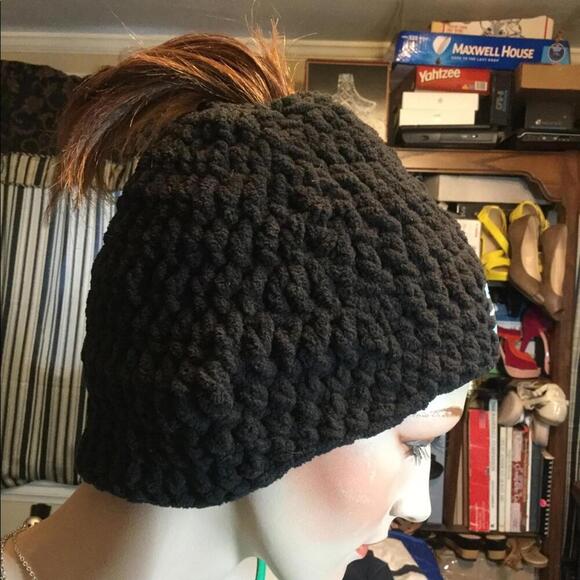 Handmade black crochet ponytail hat - Picture 8 of 8